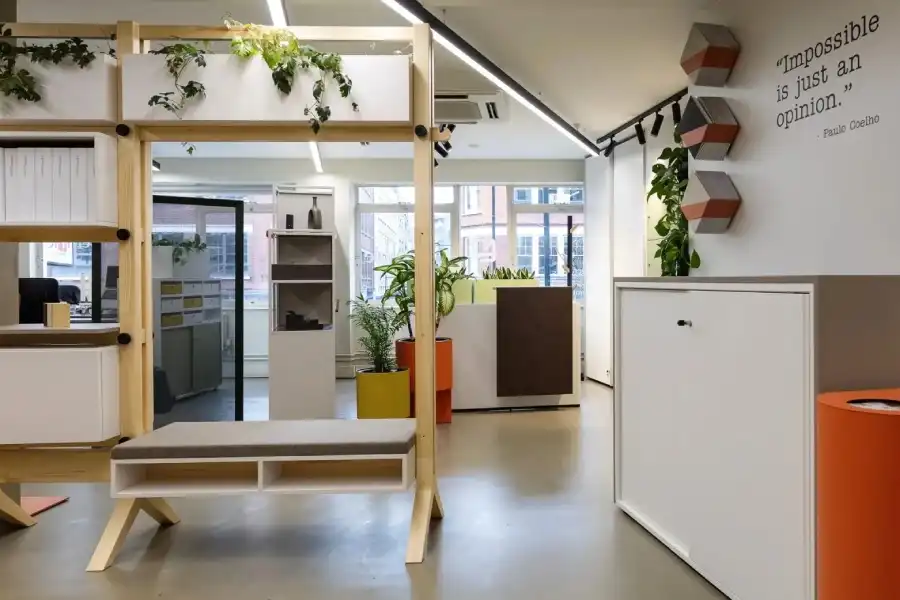 Office furniture showroom displaying reception products