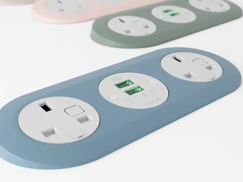 Flip-top power module fitted into a meeting table with sockets and USB charging