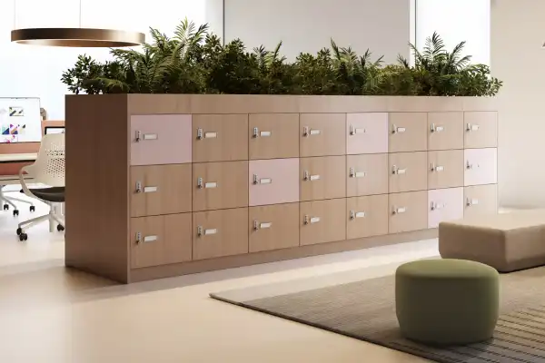 Lodge personal lockers row configuration with planter storage tops