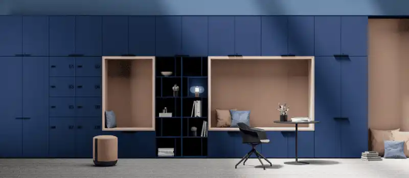 Modular storage wall with seating nook