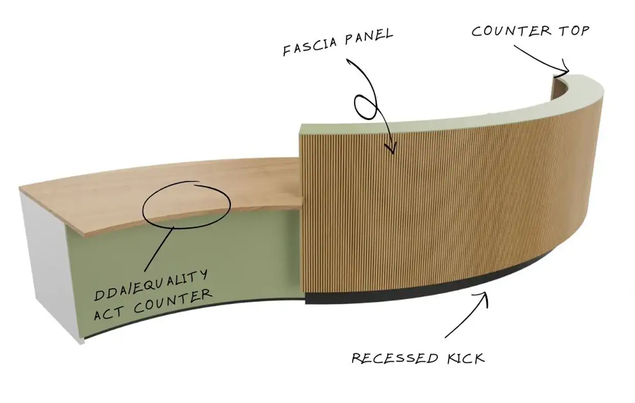 Modern reception counter with wheelchair accessible low desktop