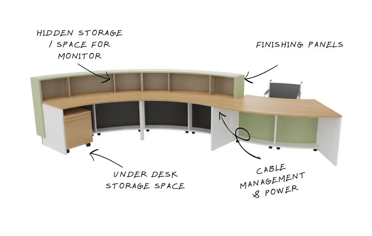Reception counter parts and storage behind the desk
