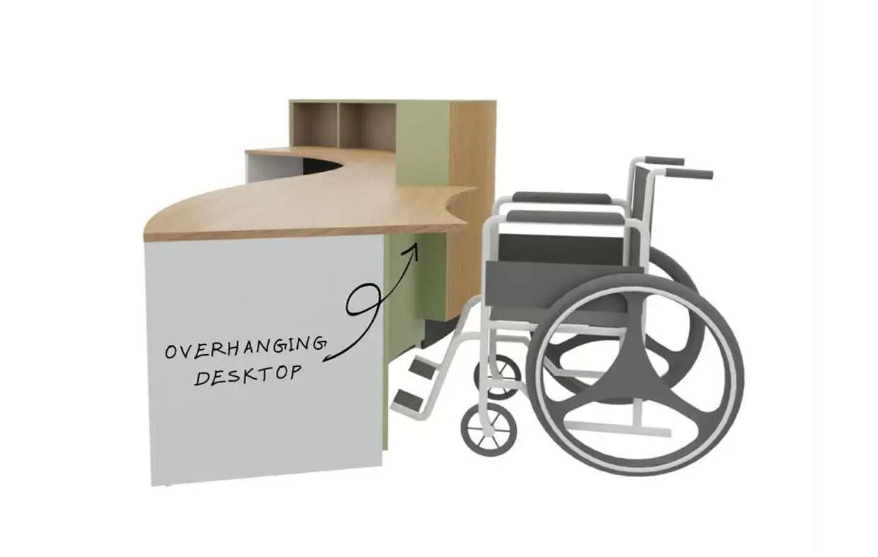 Reception desk with low overhanging desktop for wheelchair visitors