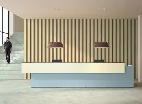 Long office reception desk with overhanging counter