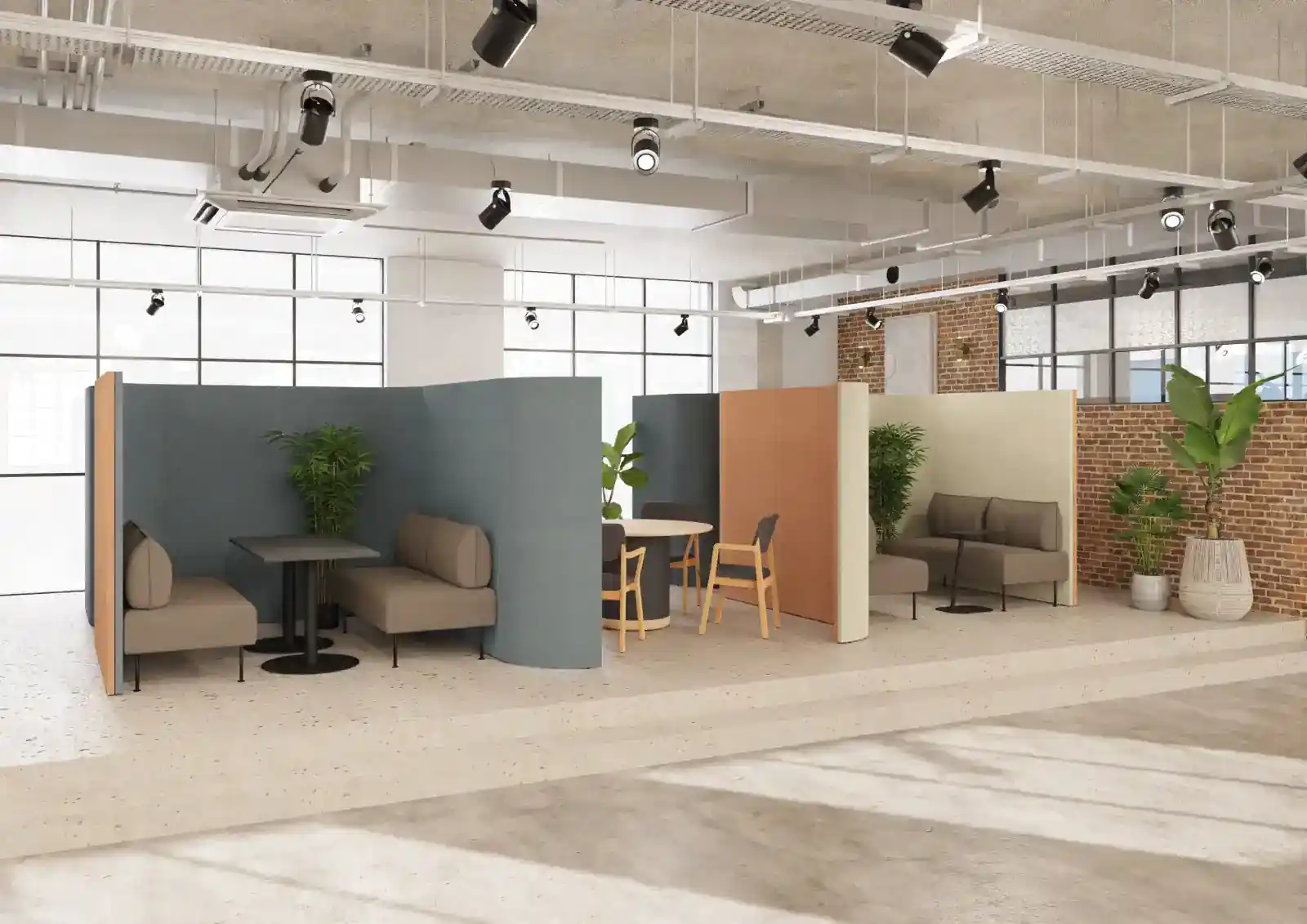 Curved tall acoustic office screens creating workspaces