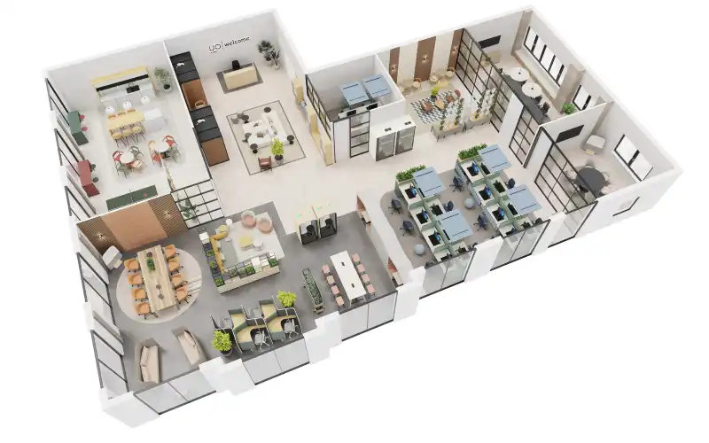 Modern workspace 3D design layout