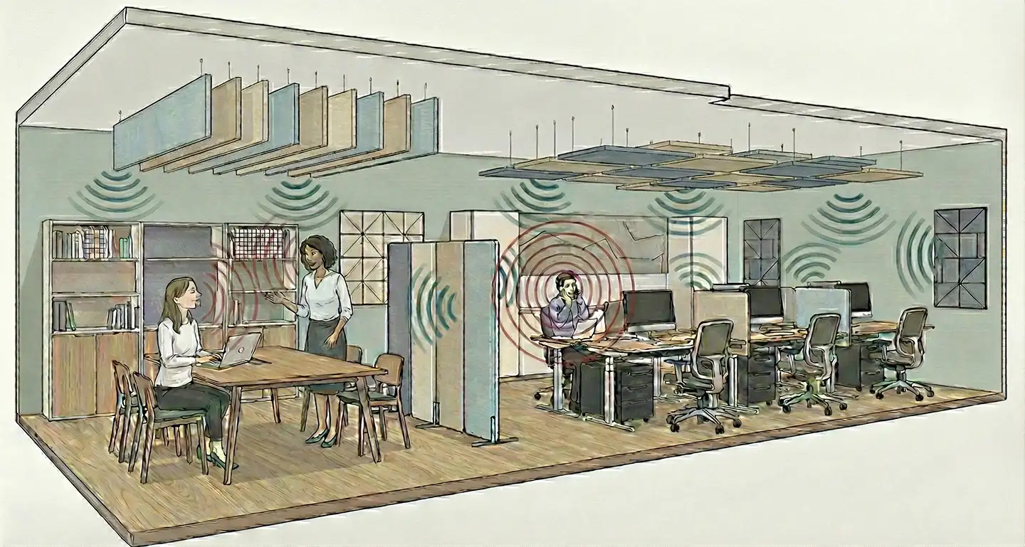 Open plan office with acoustic divides and baffles