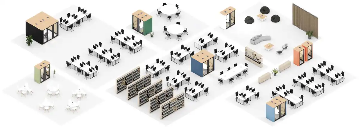 Large openplan office with pods in different layouts