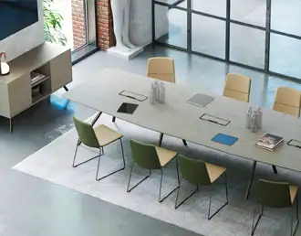 Long veneer boardroom table with storage cabinet