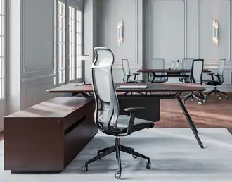 Left-handed executive desk with side storage credenza and meeting table in wood veneer