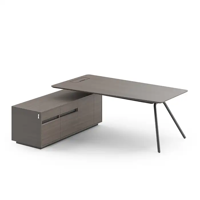 Arqus left-handed desk with rectangular desktop and small storage credenza