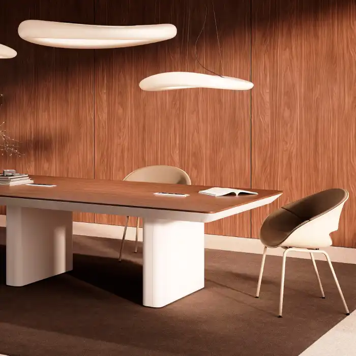 eRange meeting table in American walnut veneer with a white frame