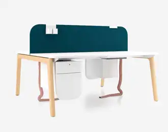 2-user bench desk with wooden legs, fixed drawer unit and upholstered dividers