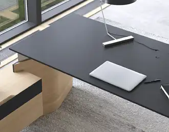 Move and Lead height-adjustable executive desk with premium wood finish