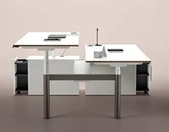 Height adjustable bench desk with low return storage pedestals
