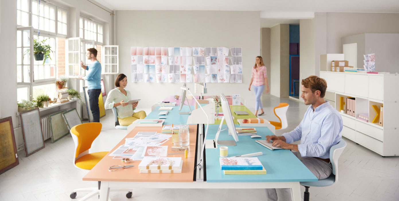 Get Together desk with colourful desktops