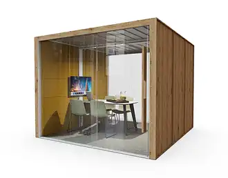 Contemporary wood acoustic office pod with meeting table