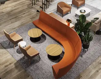 Curved high-back modular sofa for acoustic booth configurations