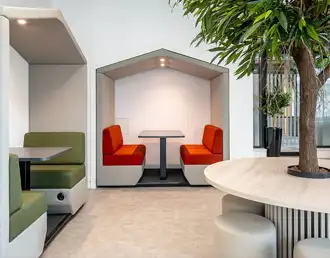 Office Cabin with pitched roof, sofas and a work table