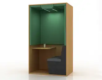 Single-user hooded Condo work booth with desktop and compact sofa