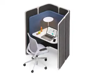 Single-user Coppice work booth with desk and USB charging task lamp
