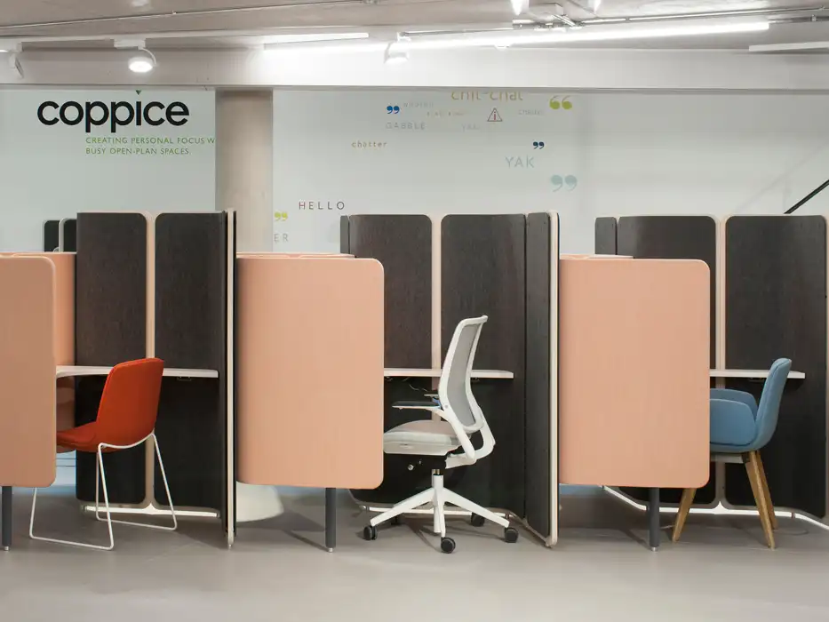 Coppice work booths sharing acoustic panels