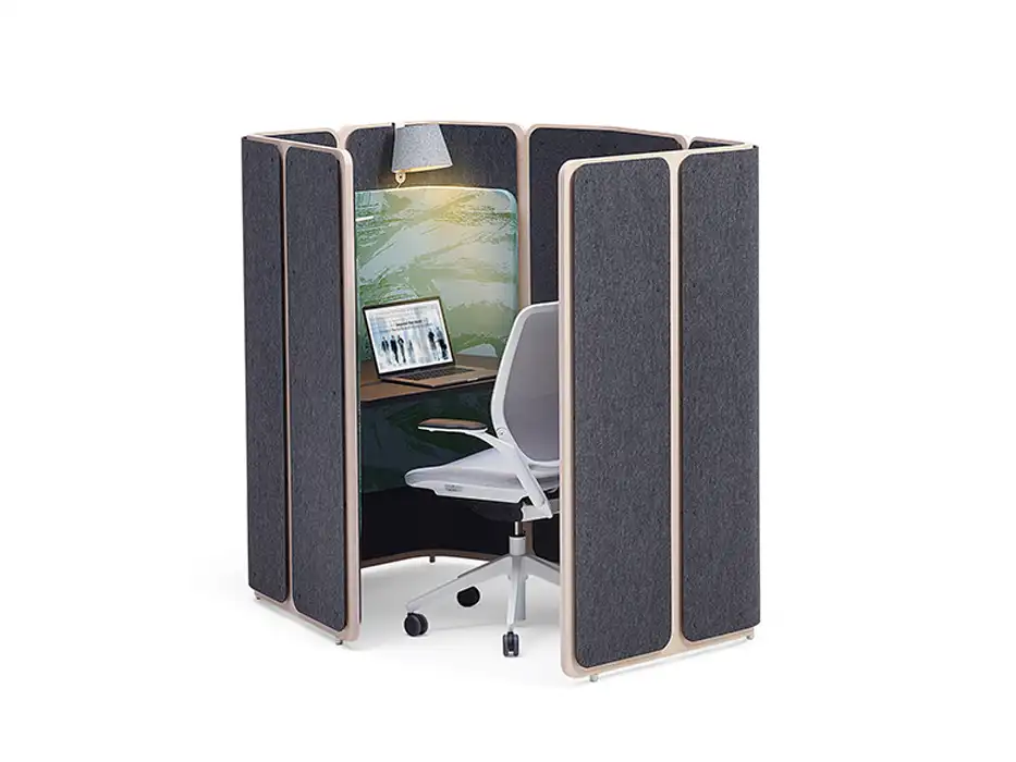 Coppice work booth with alternative colour upholstered acoustic panel