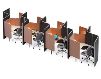 A row of acoustic office work booths with built-in desks and lamps