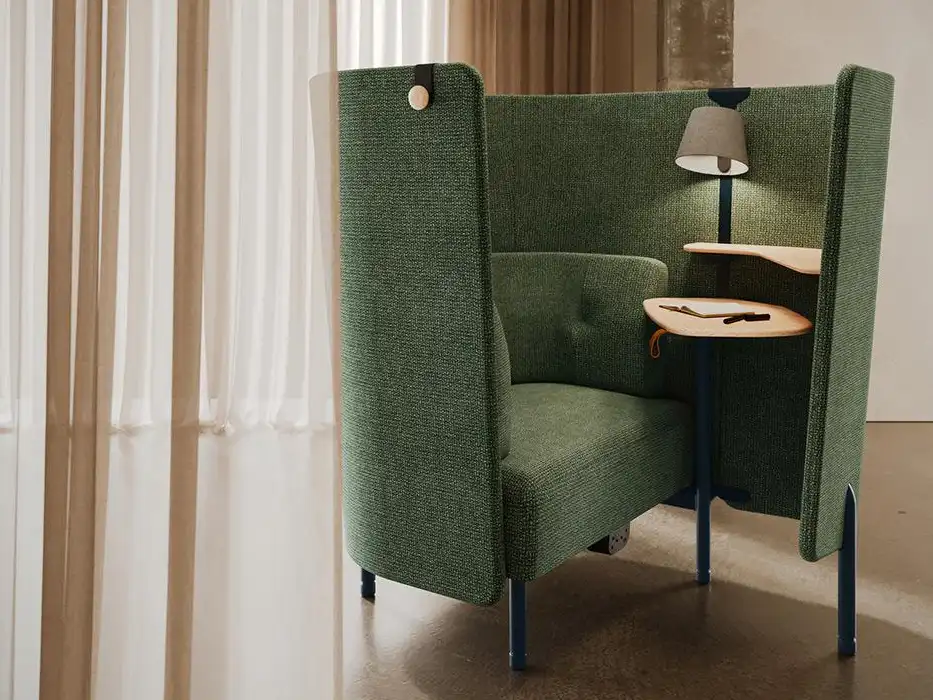 Diggs comfortable privacy booth in green fabric & wood table