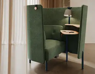 Comforable acoustic office booth with built-in seat & swivel table