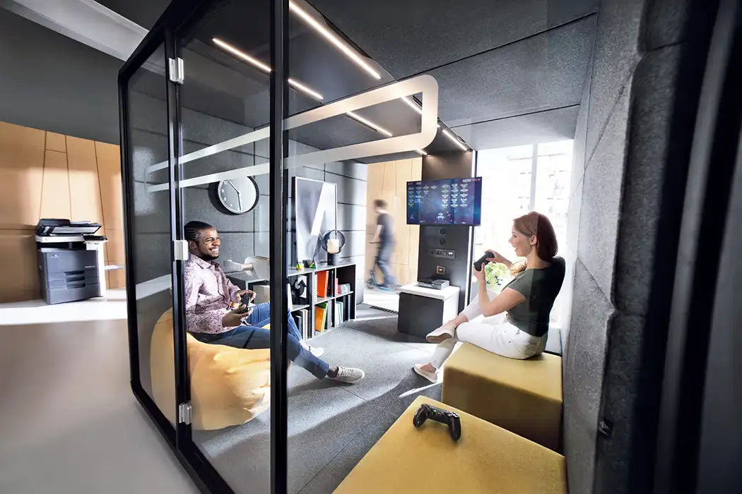 Hush Large office pod with sofas & storage, for a breakout space