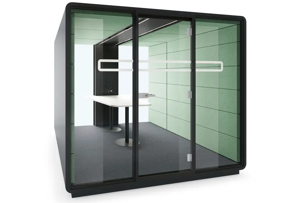 Hush large office meeting pod with green upholstery