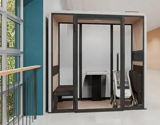 DDA compliant acoustic pod with wide-clearance doors and flush threshold for wheelchairs