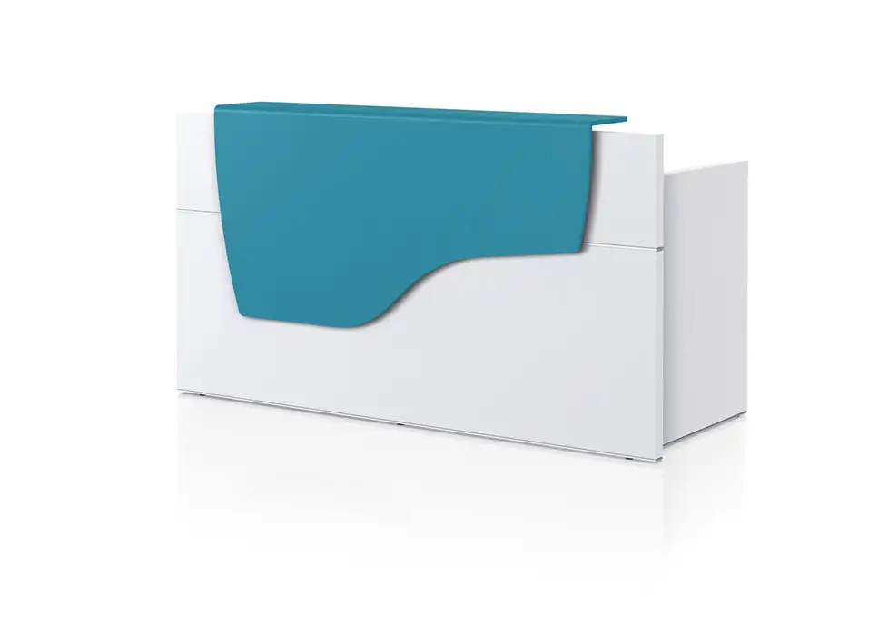 Touch compact white reception with blue metal counter shelf
