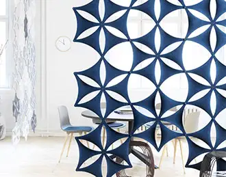 Snowflake suspension baffles controlling sound into a meeting area