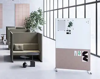 Mobile screen with whiteboard and acoustic pinnable upholstery