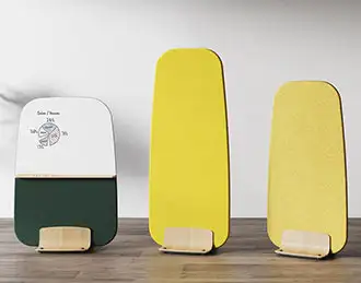 Mobile acoustic writing divide with wood trim.