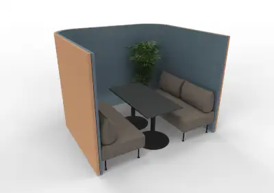 Tall office screens creating meeting space with sofas & table