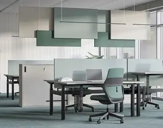 Acoustic ceiling baffles above the desk space