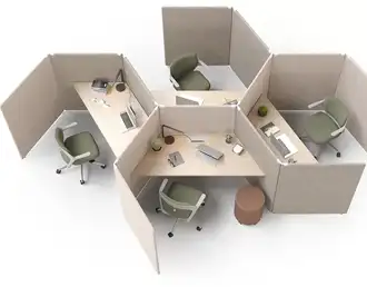 My Space hexagonal acoustic work booth with built-in desking