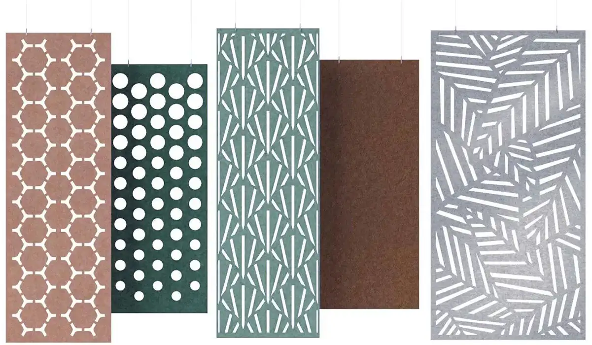 PET suspended screens with cutout patterns