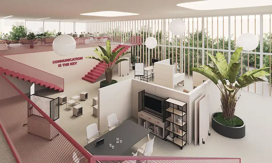 Workspace divided by tall Sand Wall acoustic office partition