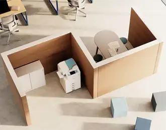 Sand thick upholstered acoustic wall with table