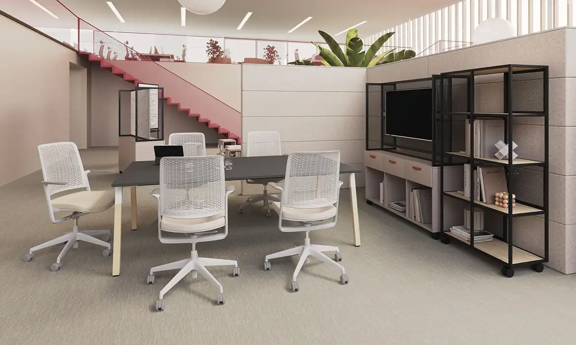 Sand Wall acoustic divide in corner configuration to create meeting space