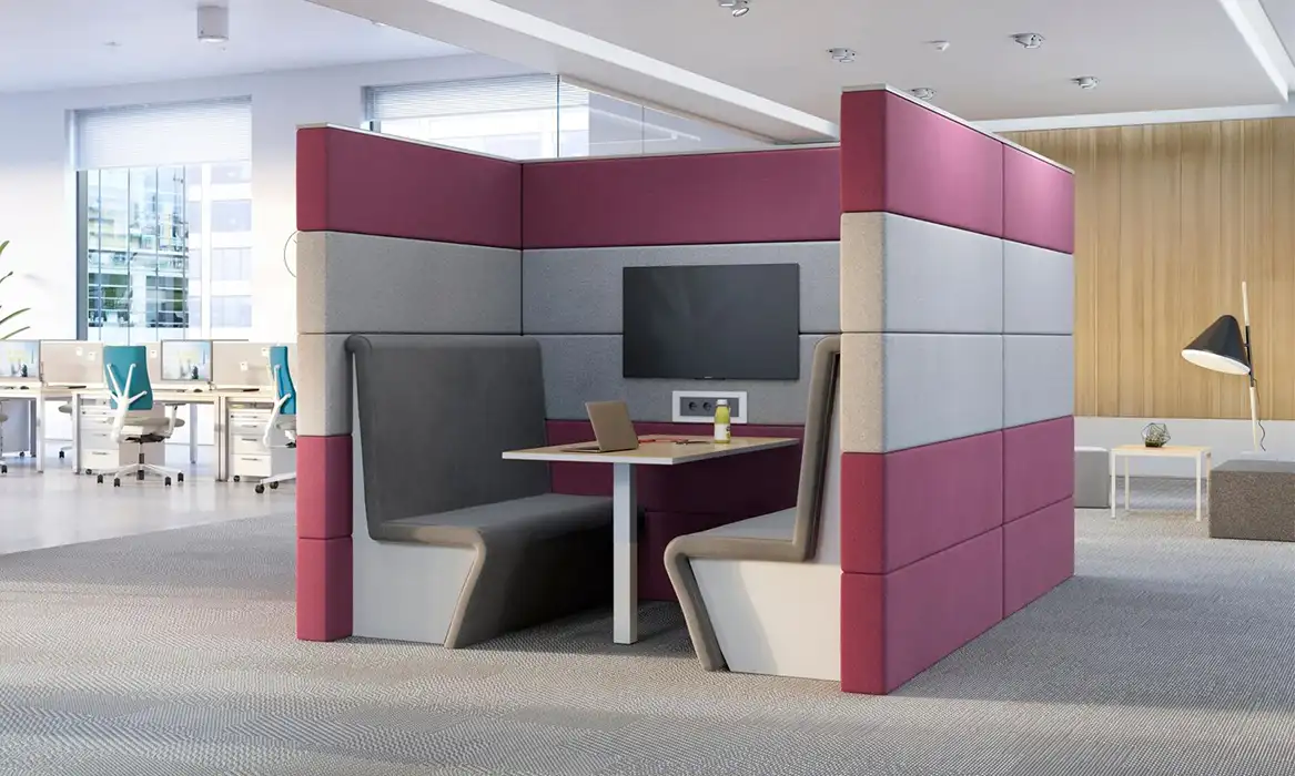 Sand Wall back-to-back meeting booths with TV bracket