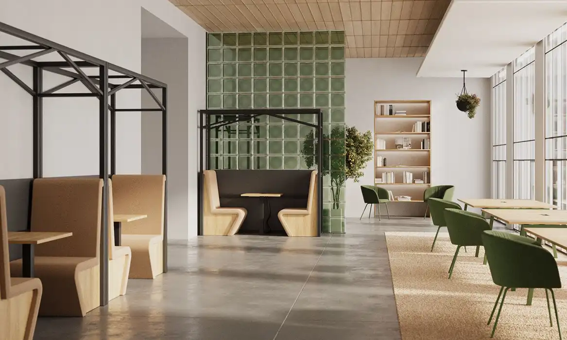 Sand Wall Breakout booths with built-in seating and tables