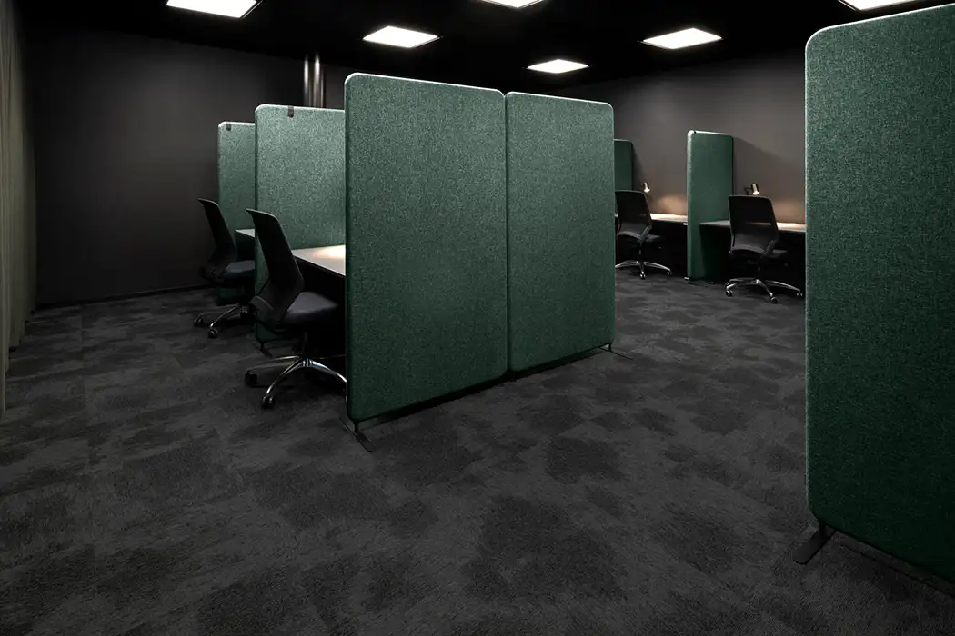 Softline Floor divides in green creating focus booth desks