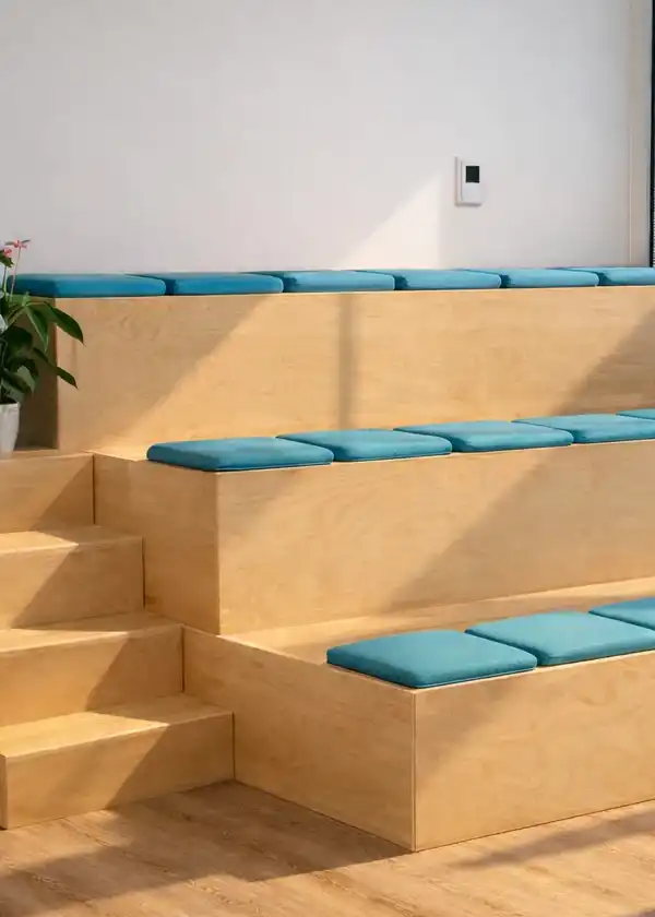 Platform auditorium bleacher seat in plywood with stairs