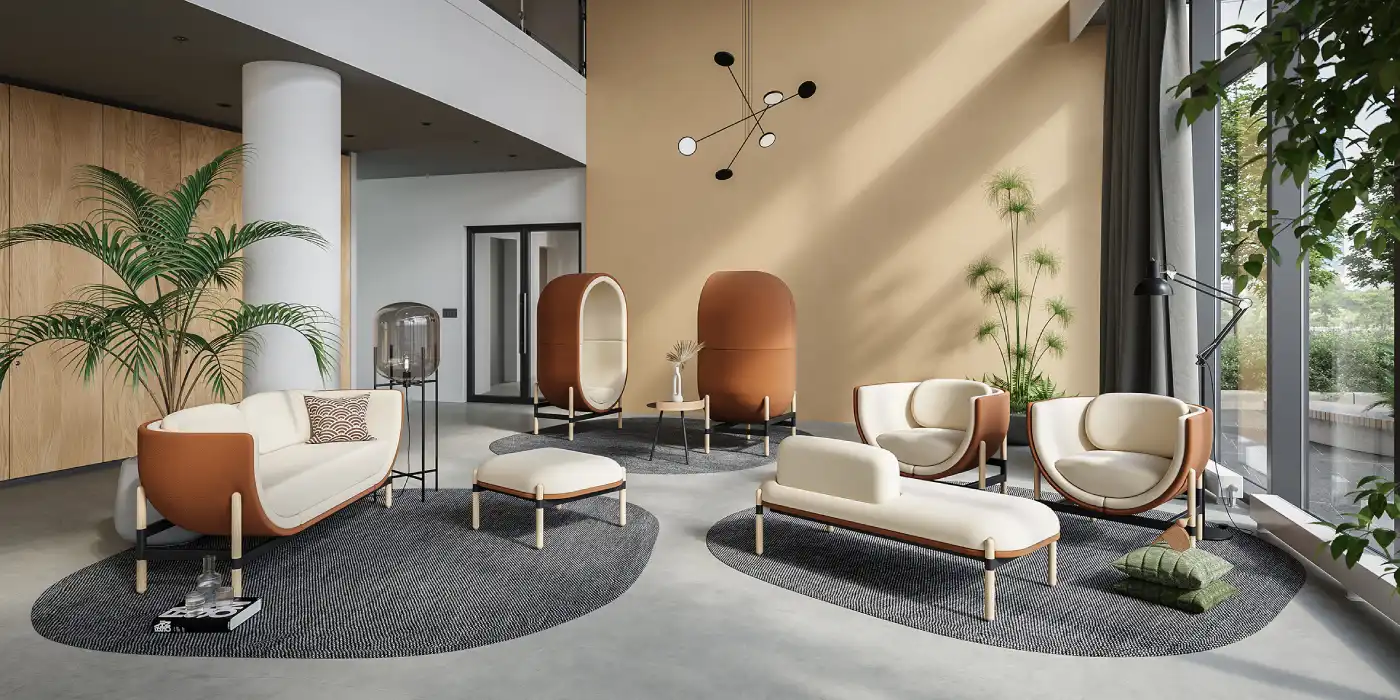 Capsule privacy seating with sofas & upholstered benches