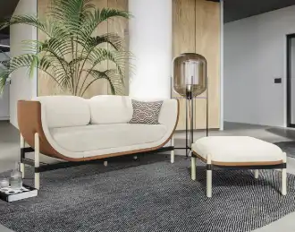Curved arm contemporary sofa and pouf with wood legs